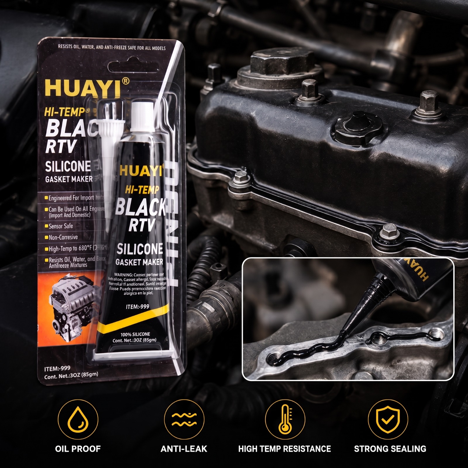 Black RTV Silicone Gasket Maker 343℃ 650℉ 85g 3OZ Neutral Sensor Safe Silicone Sealant for Engine Sealing